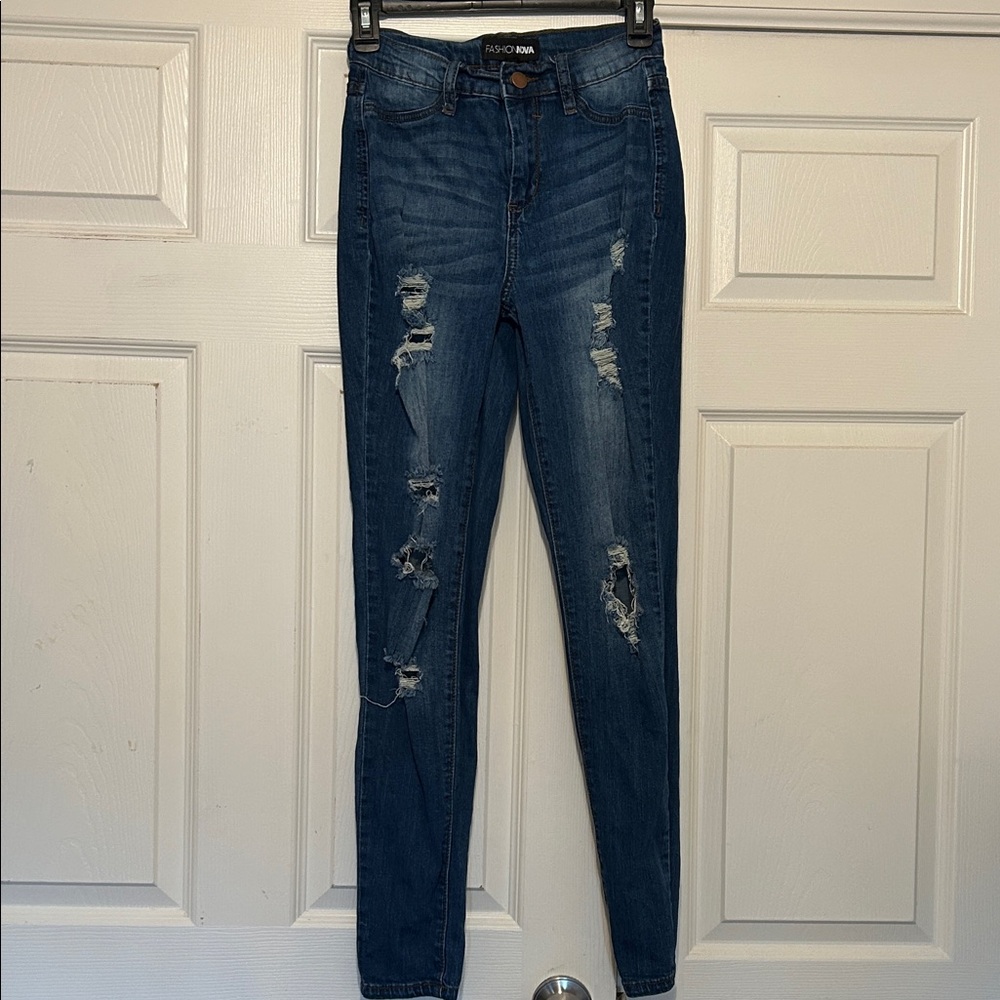 Fashion Nova Dark Blue Distressed Skinny Jeans